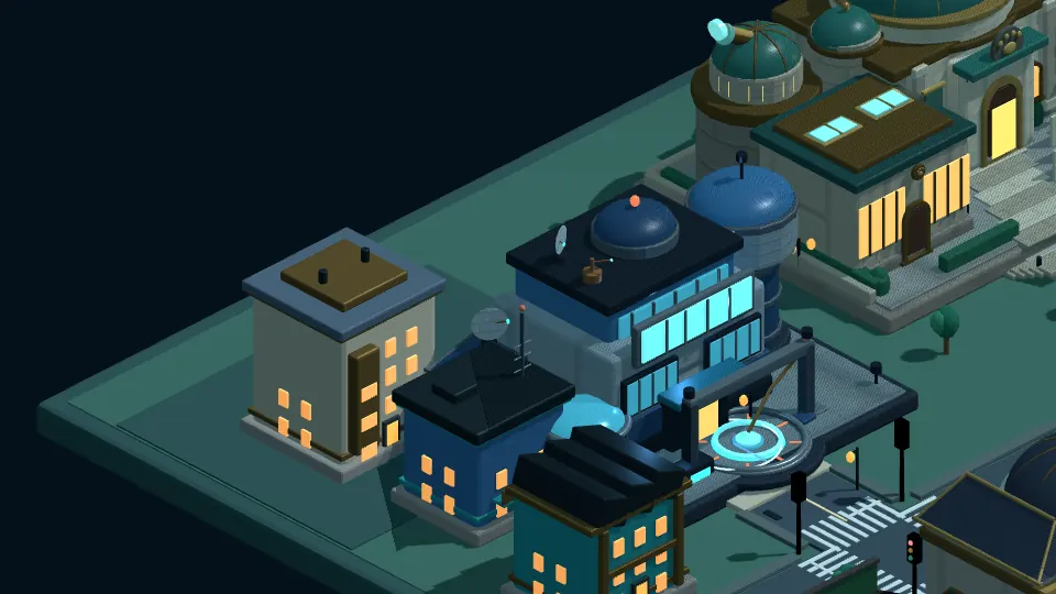 Isometric 3D Launch Bay test lab with blue observatory roofs, a glowing scanner pad, and a benchmark yard