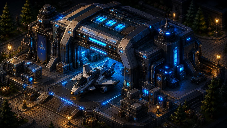 Blue neon launch bay for the Skyrift rail shooter demo