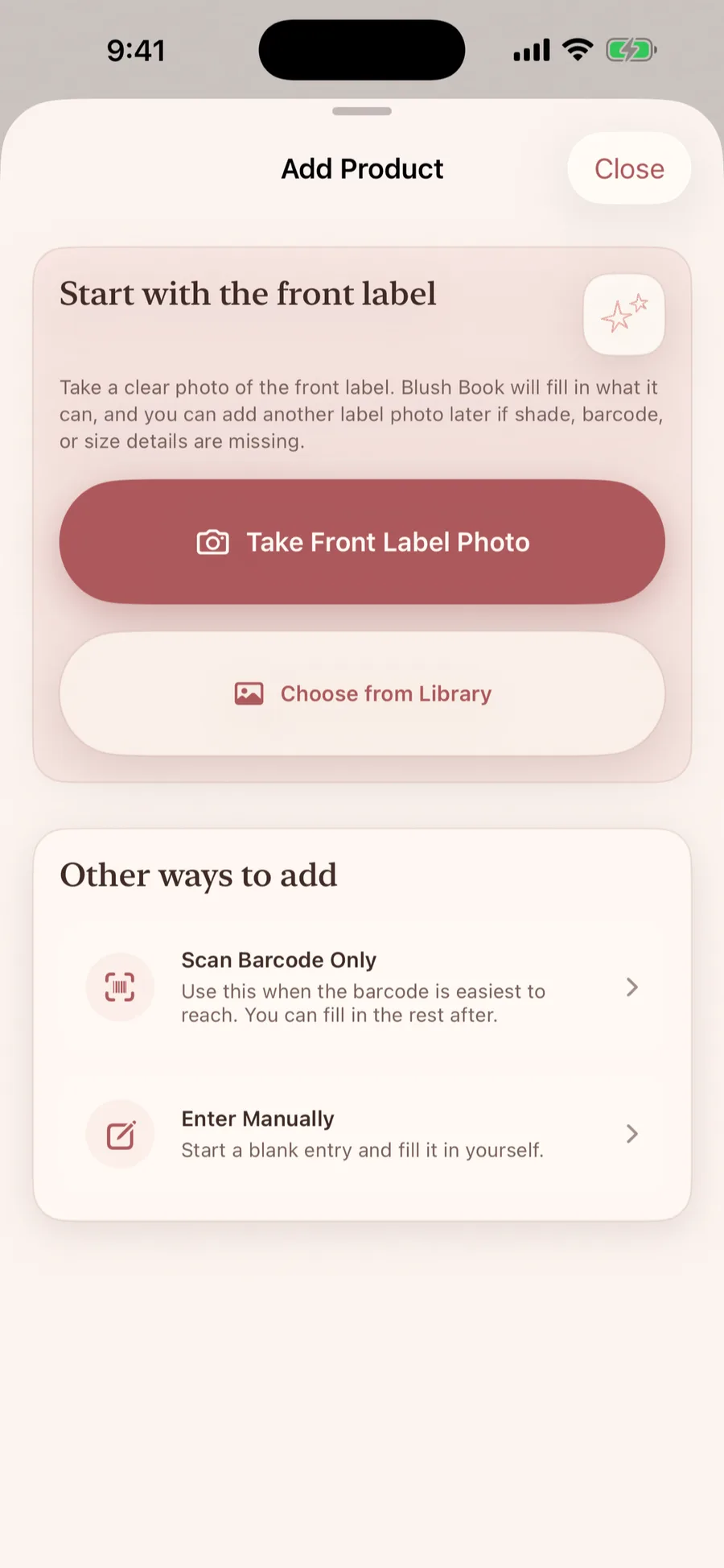 Blush Book add product screen App Store screenshot