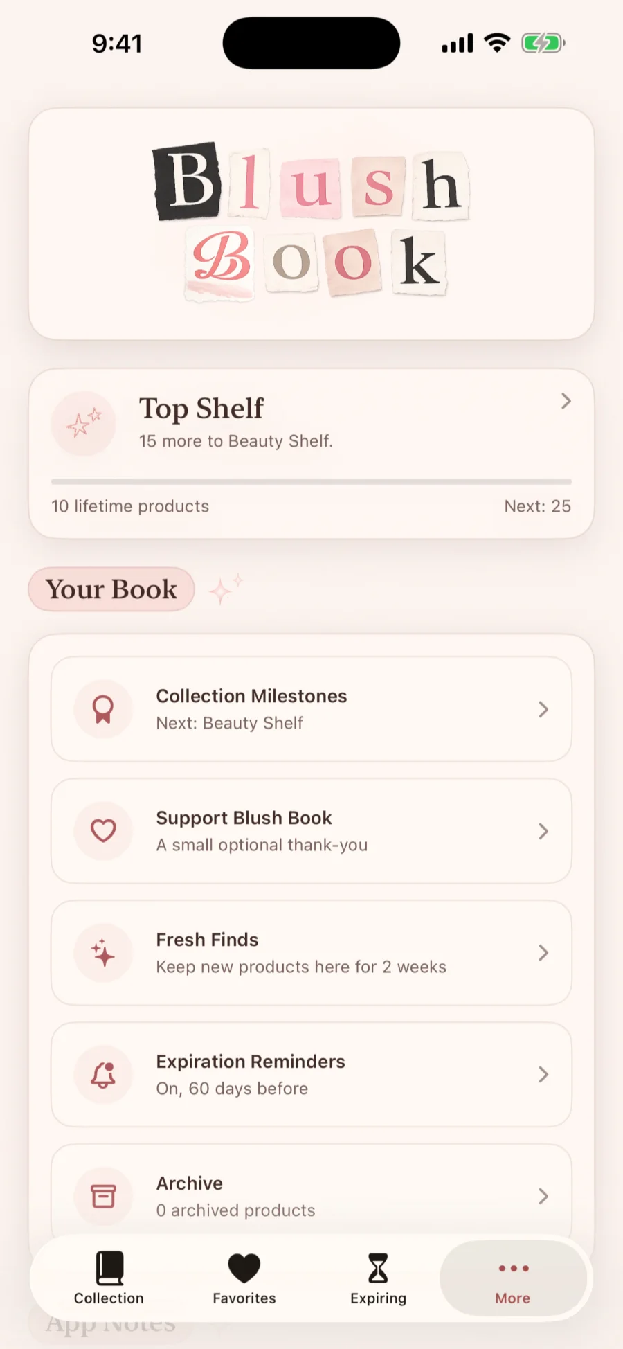 Blush Book more screen with app options and supporting sections