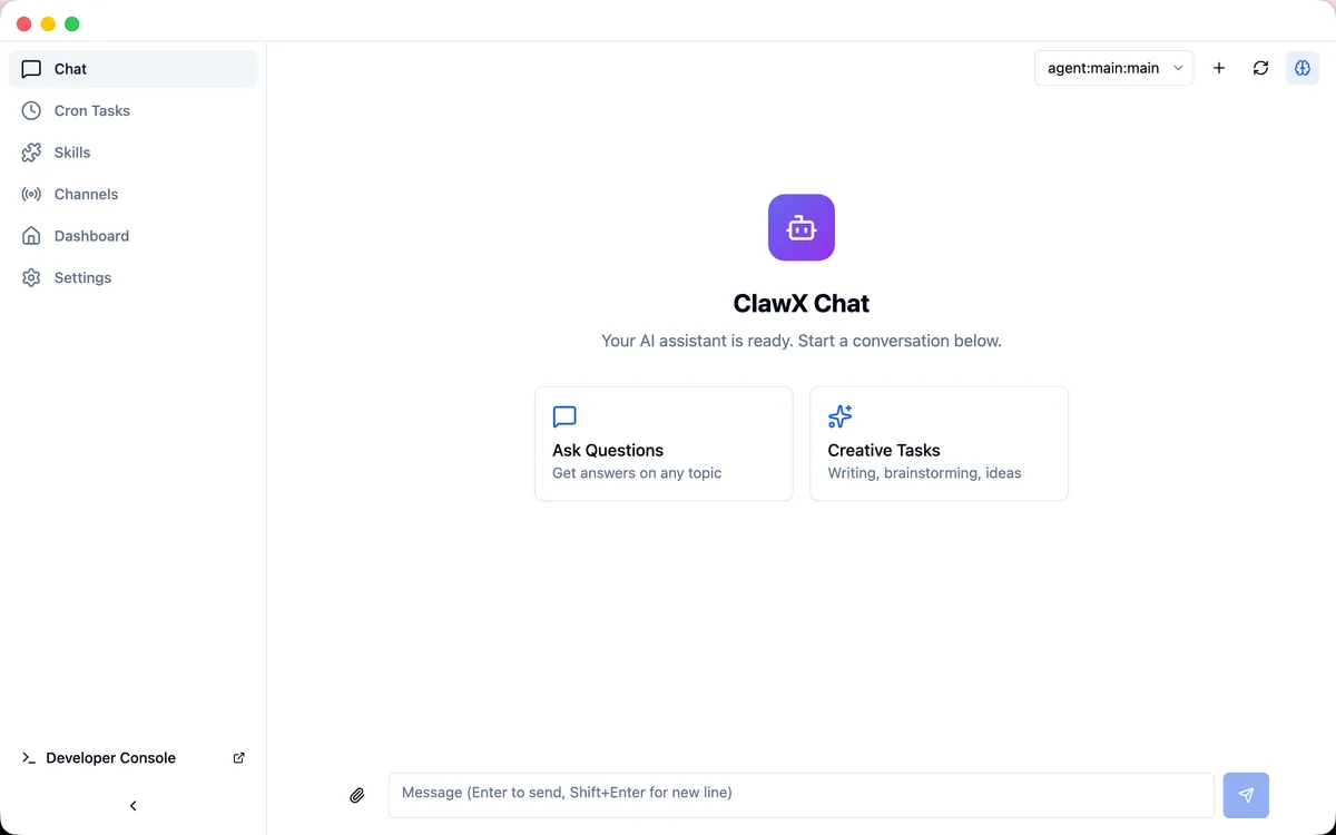 ClawX chat interface screenshot