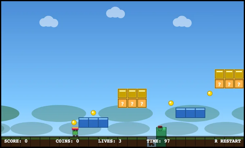 DeepSeek V4 Flash 0731 platformer build after movement input, showing the player advanced into the level