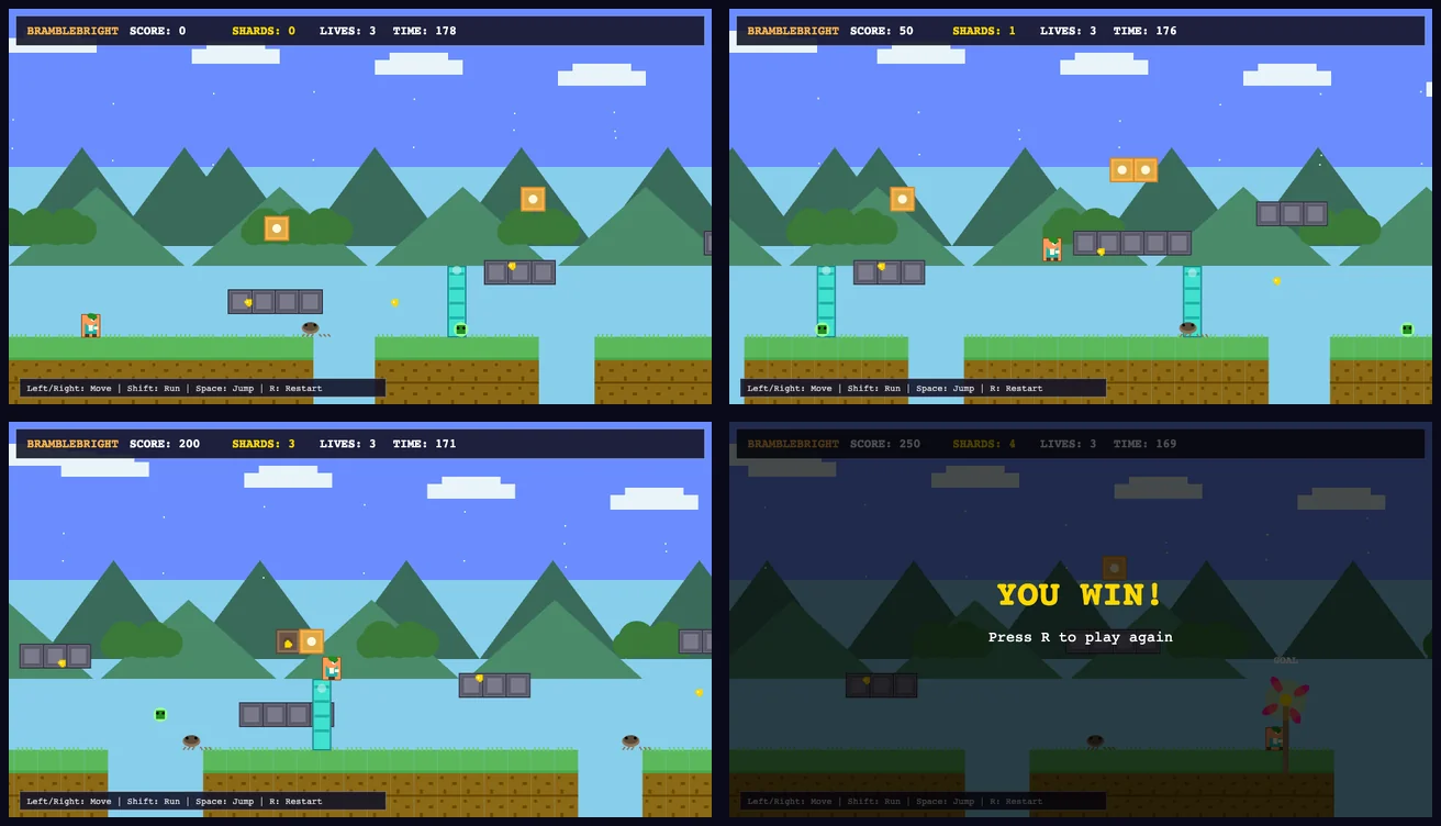 Four-stage contact sheet from the delegated Qwen122 platformer benchmark run