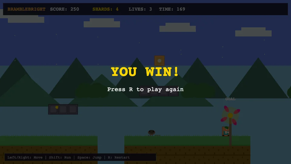 Win state of the Kip and the Sunshards browser platformer benchmark