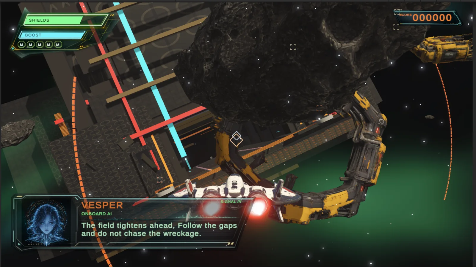 Rail Flyer Template demo ship approaching an asteroid station in Unity
