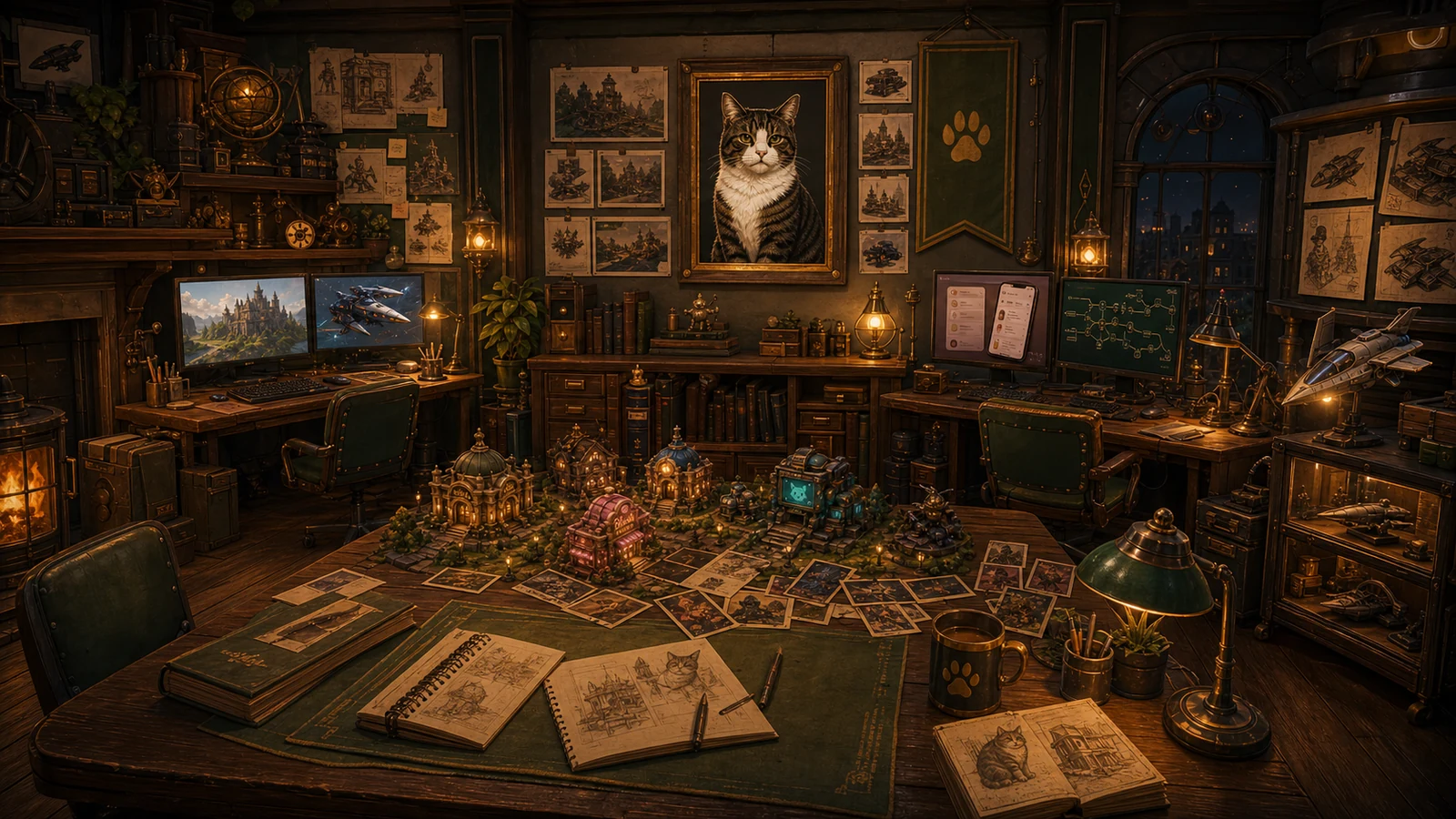 Cozy creative studio command room with concept art, workstations, game cards, and warm lamps